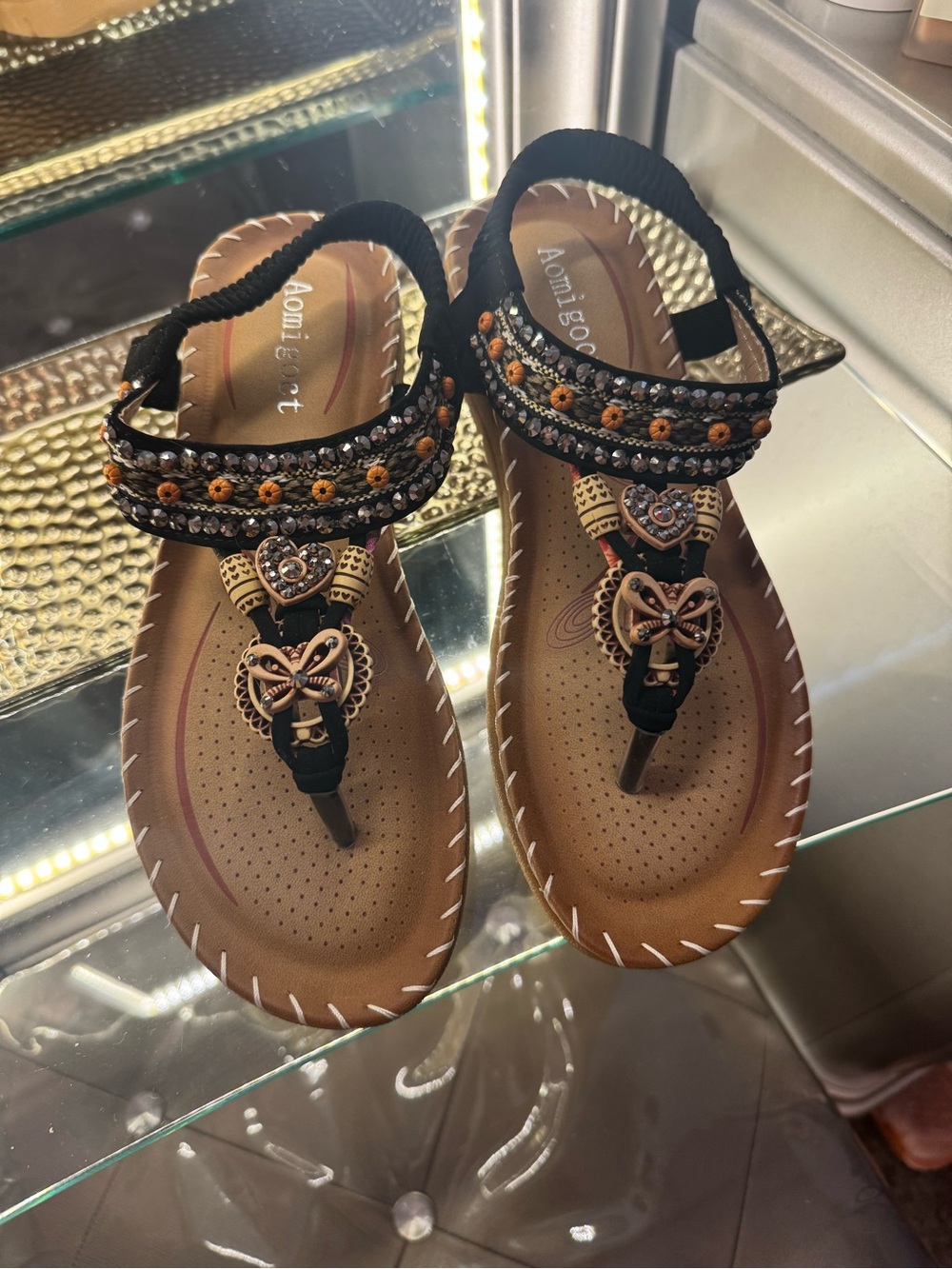 Women's Black & Tan Embellished T-Strap Sandals